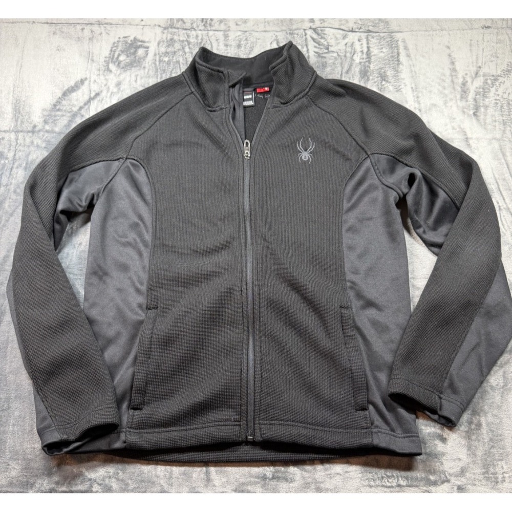 Spyder Mid Stryke Men's M Full Zip Fleece Jacket Black Gray Ski Waffle Knit